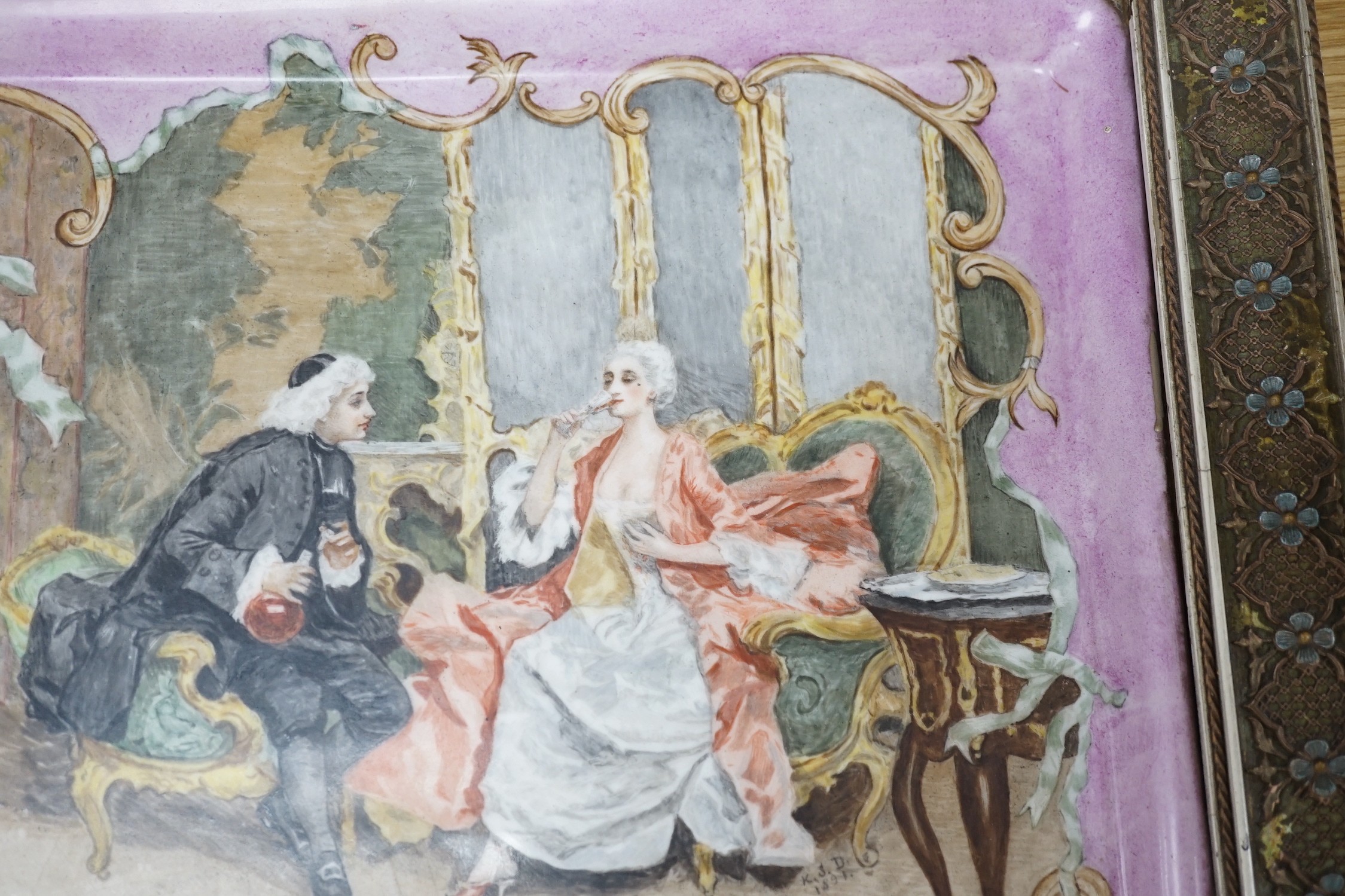 A Continental figure painted porcelain rectangular tray, framed, 35x40cm